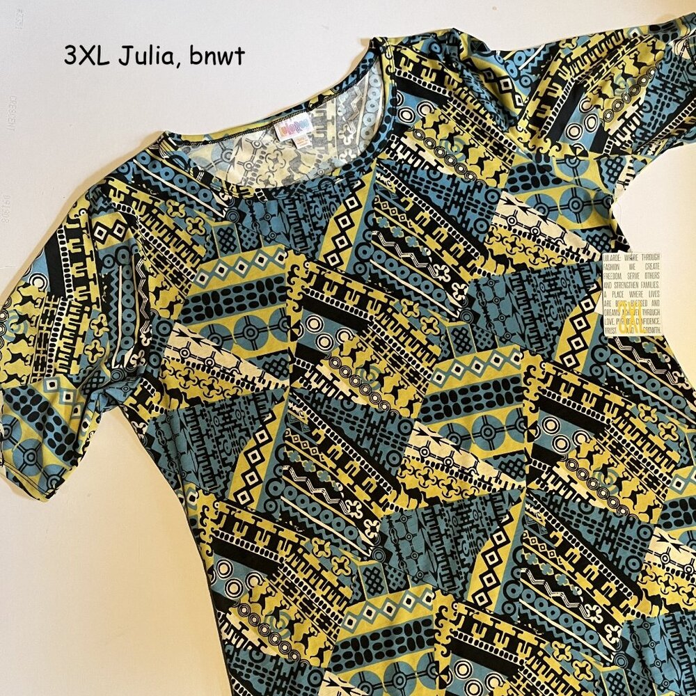3XL Lularoe Julia sheath dress, blue and lime green tribal print